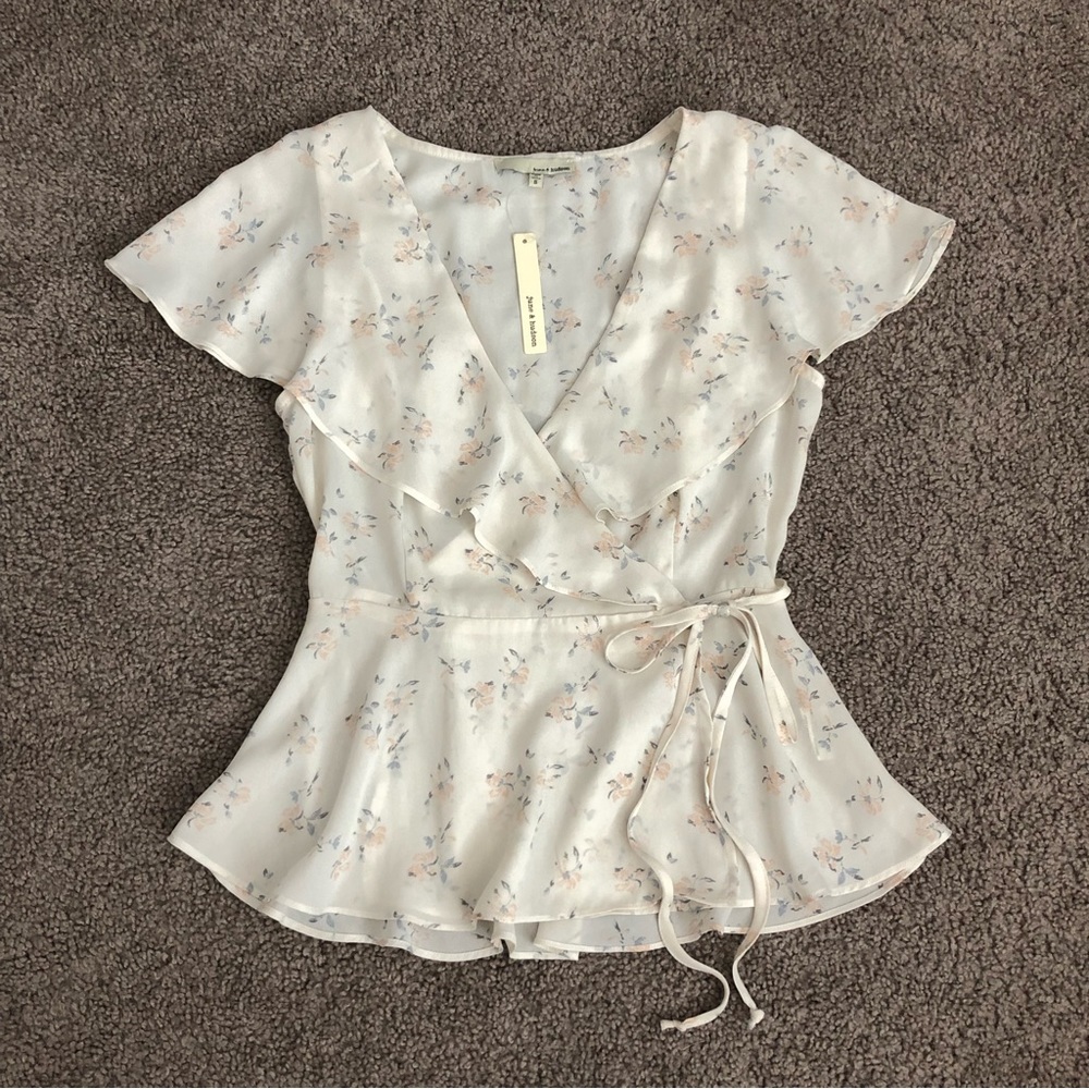 June & Hudson Cream Floral Wrap Top